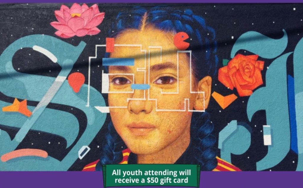 Rooted in Resiliency illustrated banner of a young woman with roses. All youth attending will receive a $50 gift card