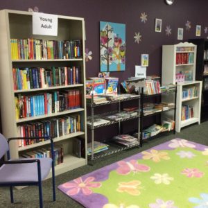 A children's library corner with bookshelves and a colorful rug