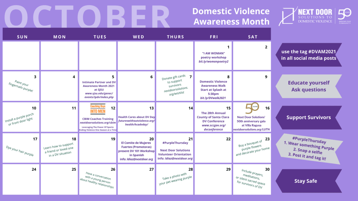 October Domestic Violence Awareness Month calendar of daily actions