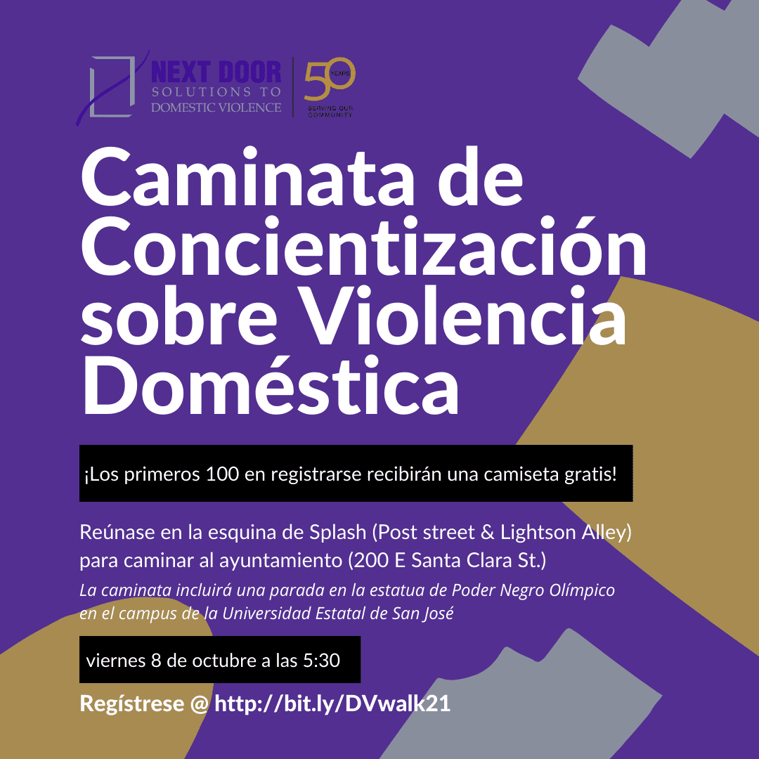 Caminata de Concientizacion sobre Violencia Domestica flyer in Spanish: the first 100 to register receive a free t-shirt, Friday, October 8 at 5:30. Register at bit.ly/DVwalk21