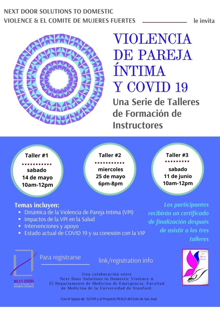 Spanish flyer for Violencia de Pareja Intima y COVID 19, a series of train-the-trainer workshops from Next Door Solutions and Comite de Mujeres Fuertes