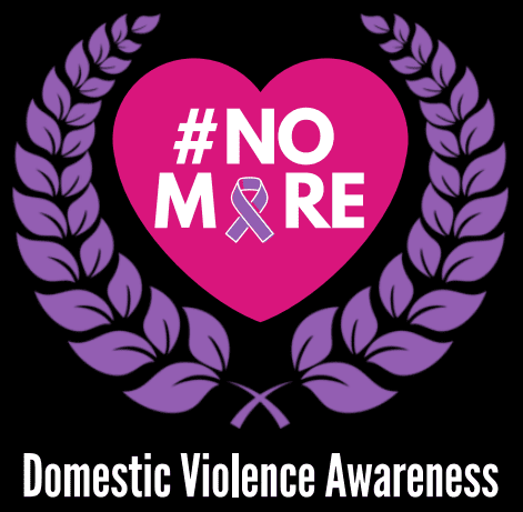 #NoMore Domestic Violence Awareness logo with a heart and purple ribbon
