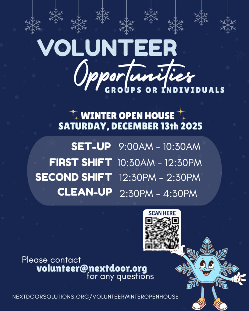 Winter Open House volunteer opportunities flyer for Saturday, December 13, 2025, with set-up, shift, and clean-up times