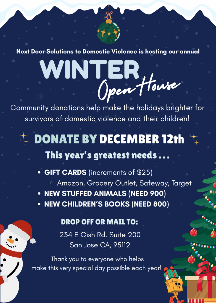 Winter Open House flyer asking for donations by December 12th: gift cards in $25 increments, new stuffed animals, and new children's books
