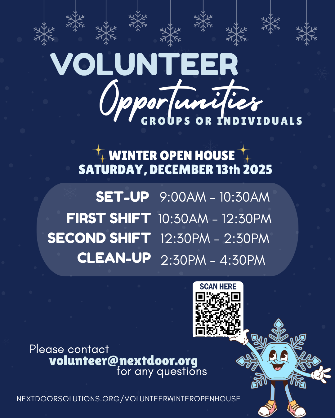 Winter Open House volunteer opportunities flyer for Saturday, December 13, 2025, with set-up, shift, and clean-up times
