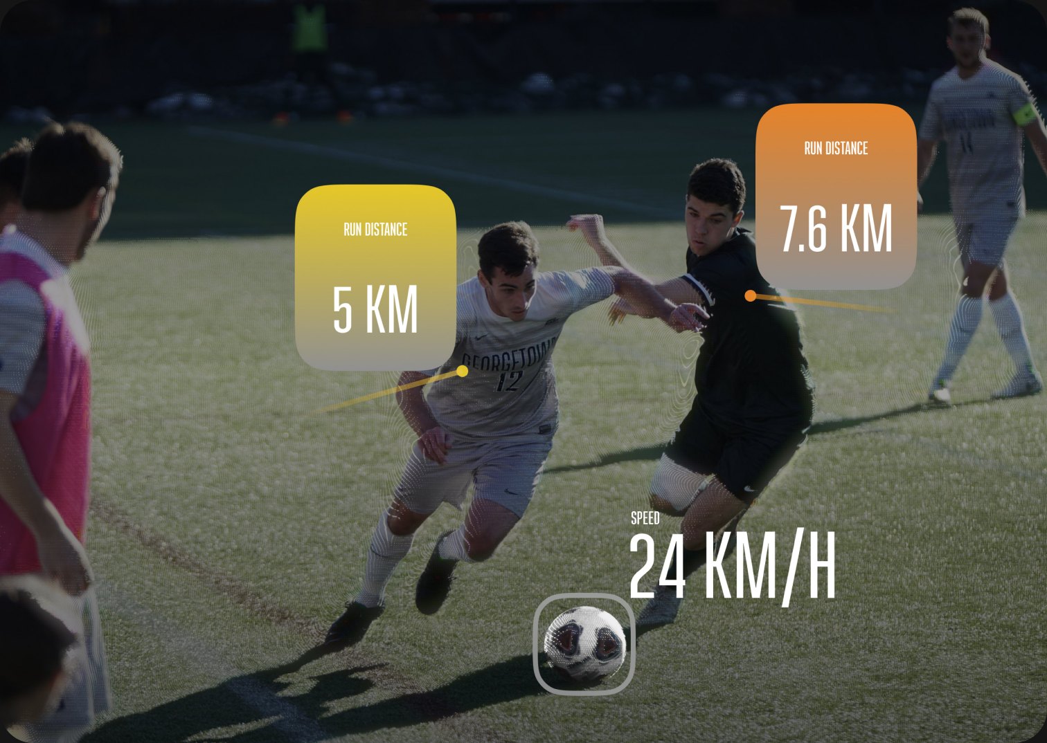 Two footballers tracked by AI, with run-distance and speed readouts overlaid