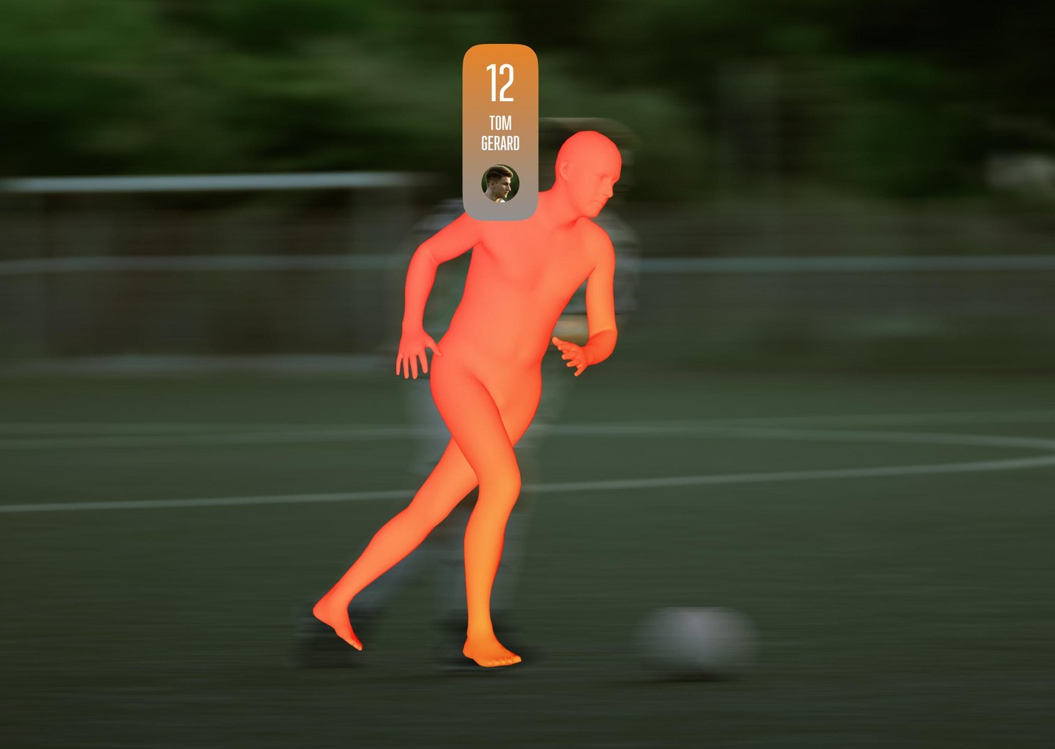 Thermal-style silhouette of a running player identified by number and name