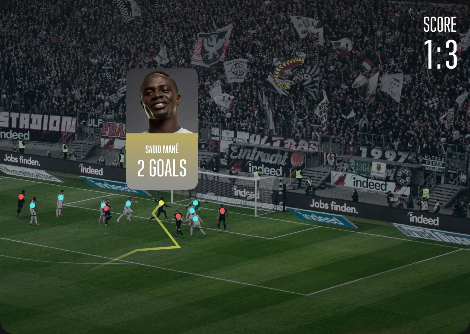 Stadium broadcast view with AI overlays showing the score and a player's goal count