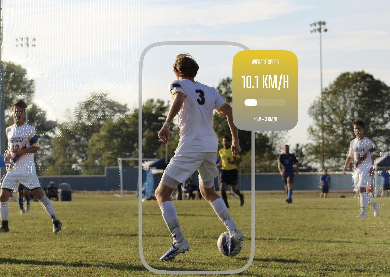 A player tracked on the pitch with an average-speed readout beside him