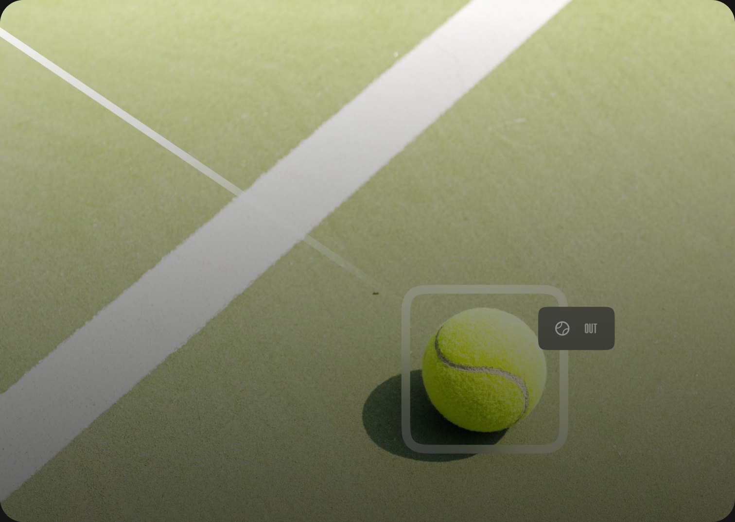 A tennis ball near the baseline inside a detection box marked OUT