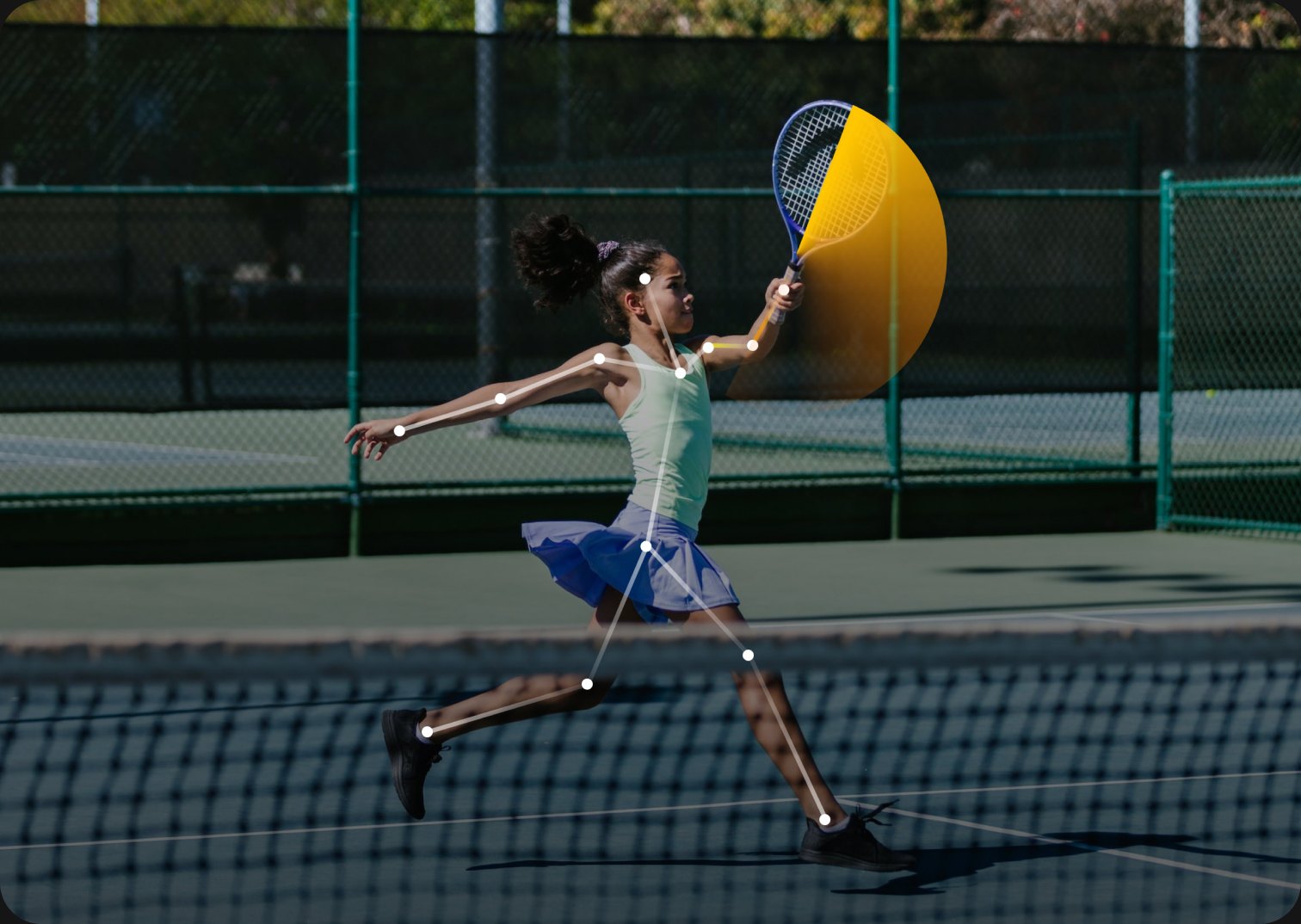 Pose tracking of a player mid-forehand, with keypoints marked on her body
