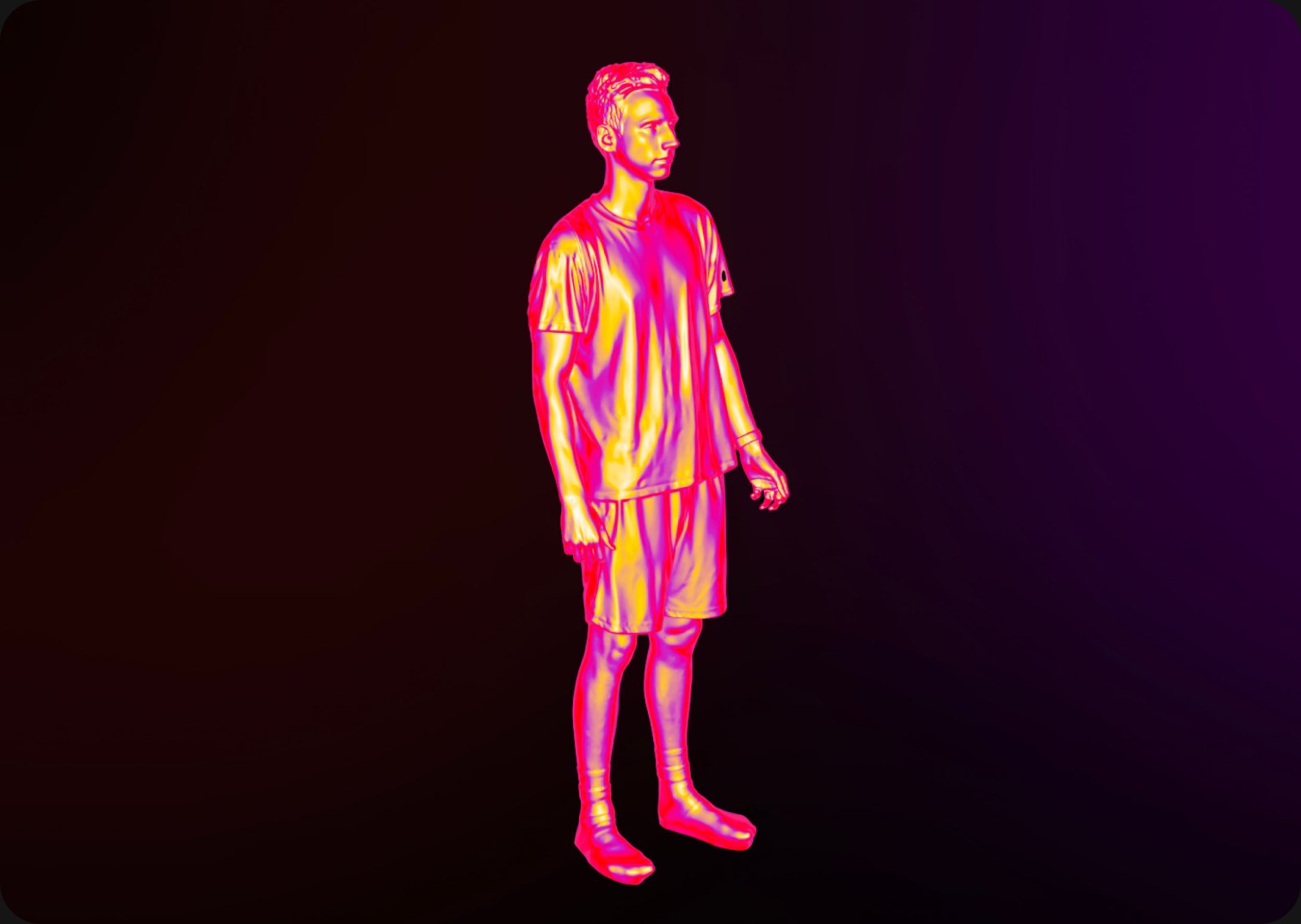 A single volumetric 3D mesh model of a standing person