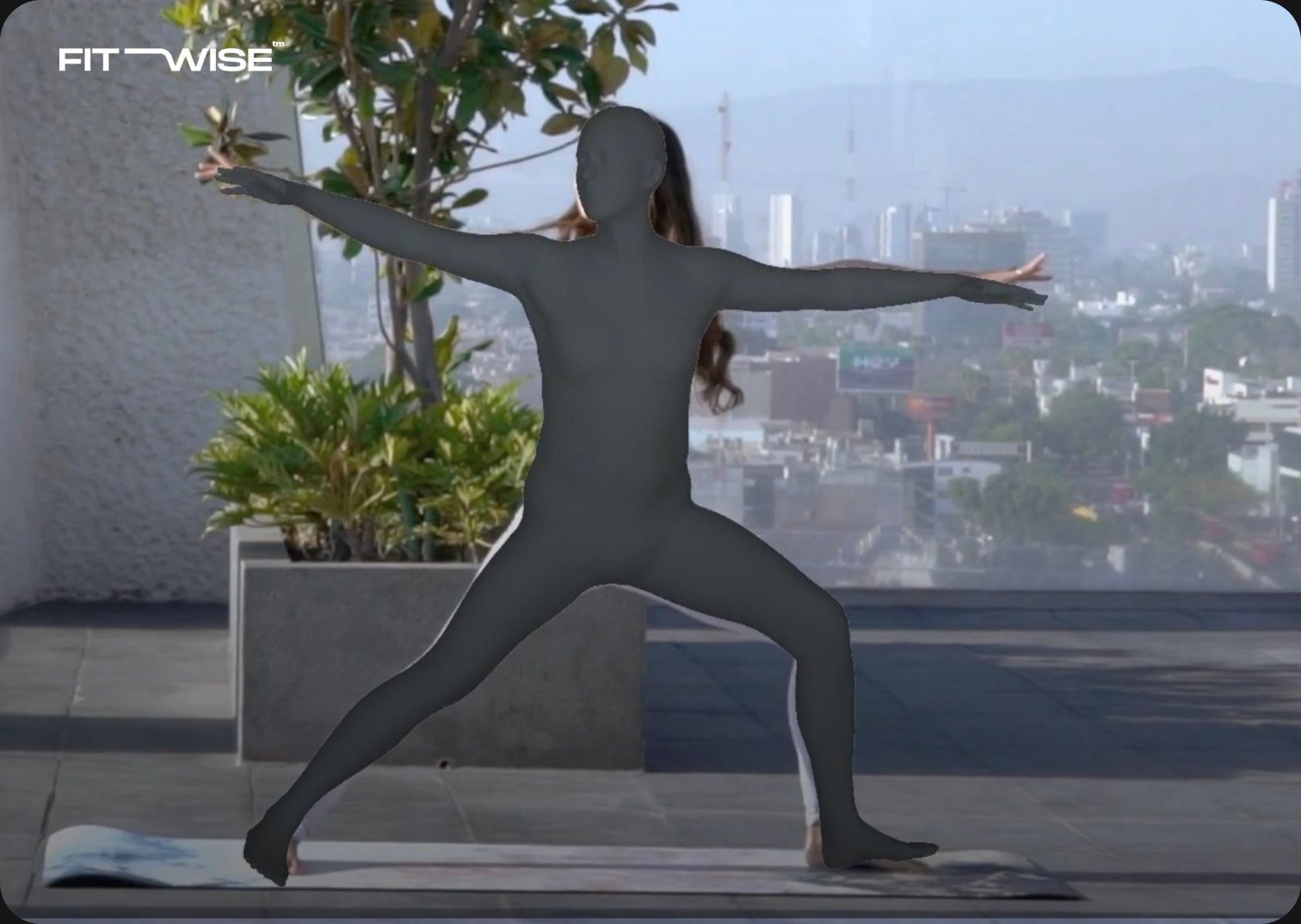 A yoga warrior pose with a 3D body mesh overlaid on the athlete