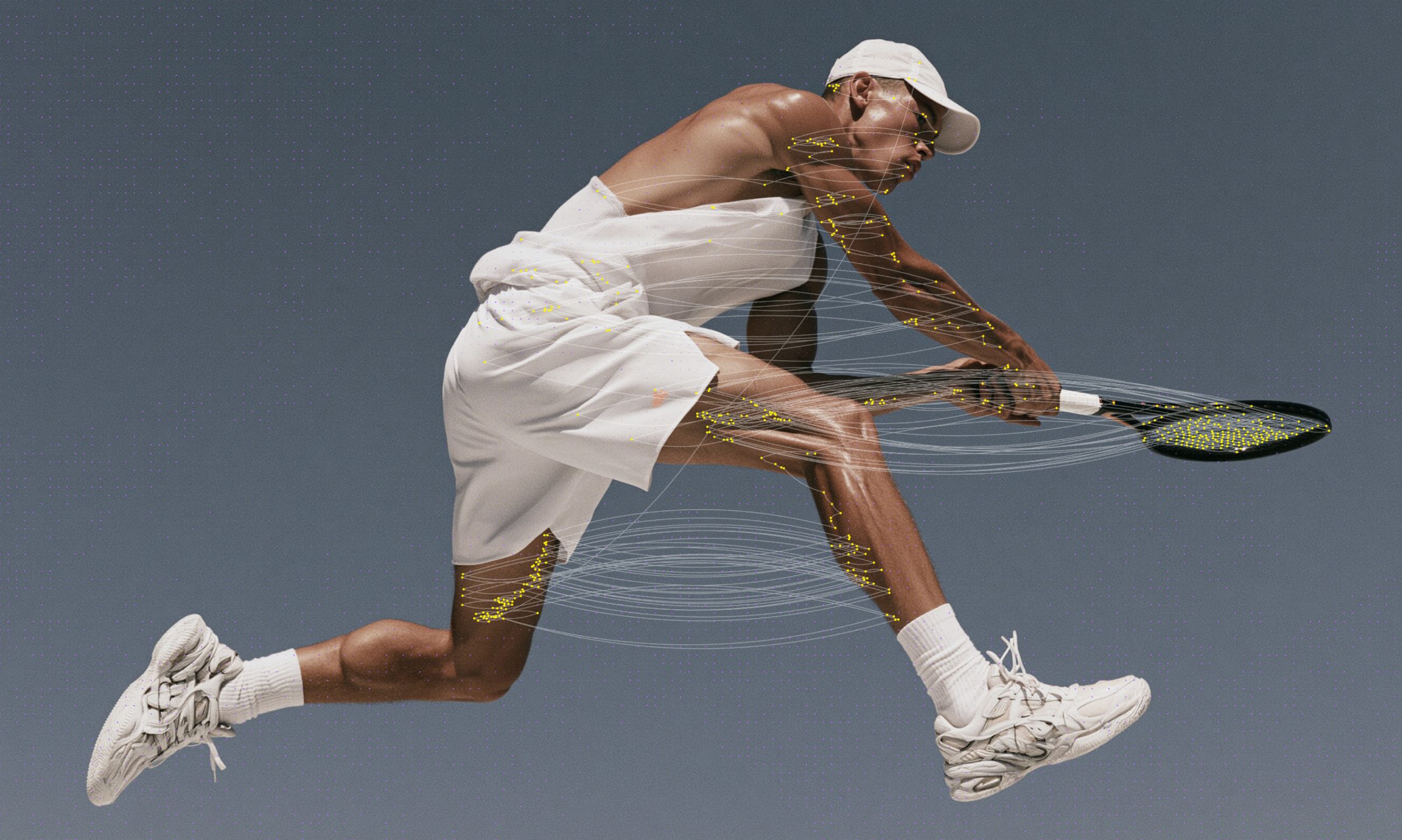 Tennis player mid-swing with a gold motion trail tracing the stroke
