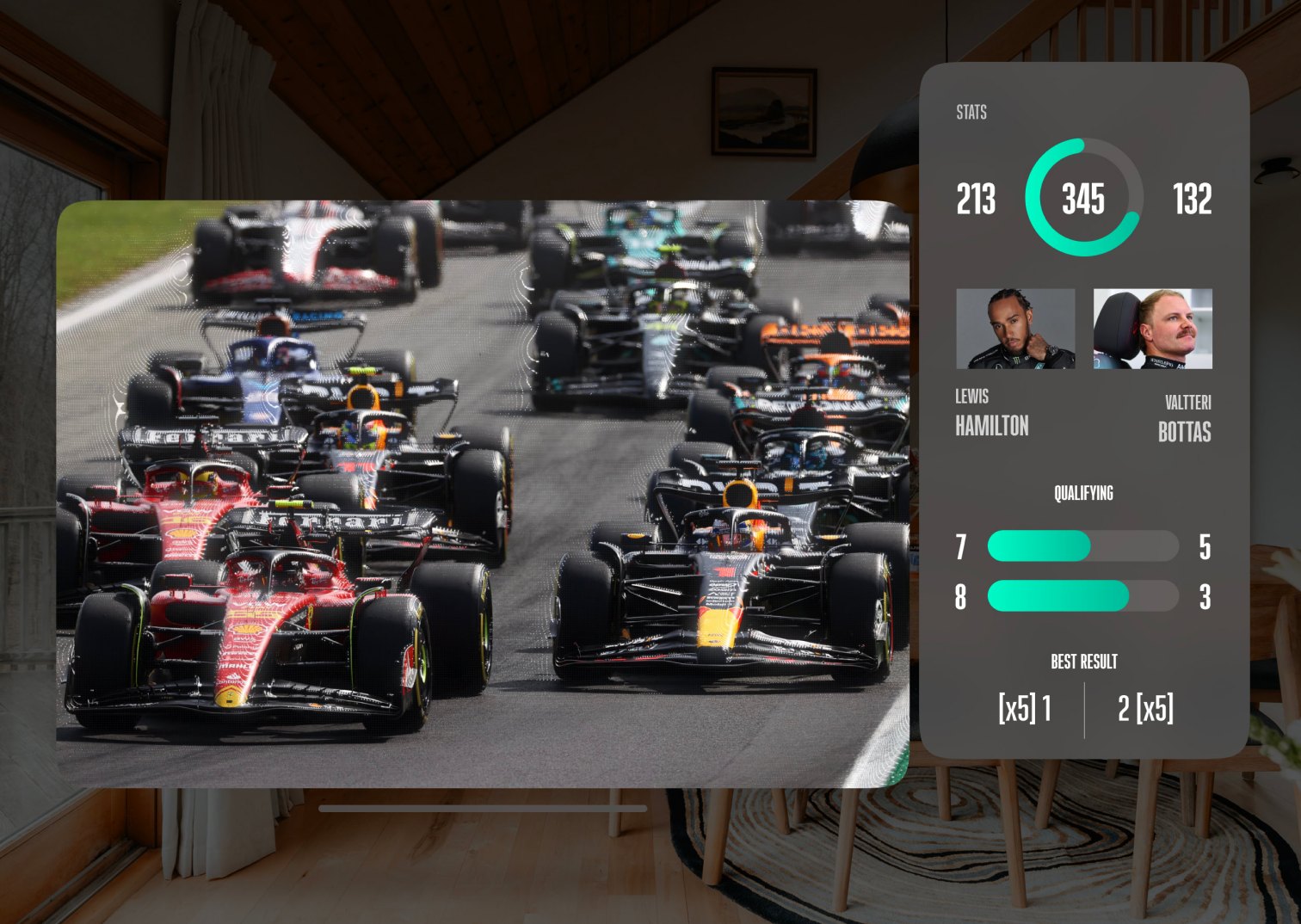 A Formula 1 broadcast with an AI statistics panel comparing two drivers