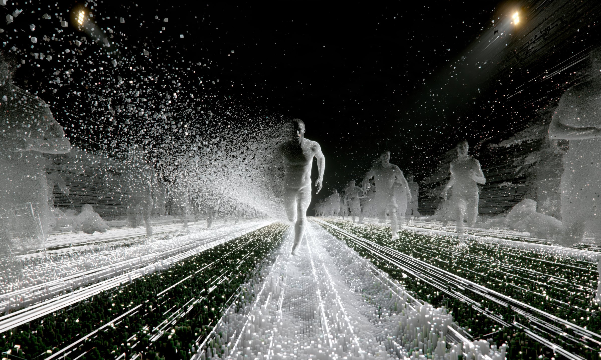 3D point-cloud runner sprinting toward the camera down a glowing pitch, with translucent players behind
