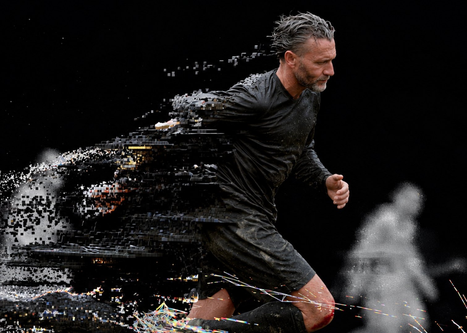 Older footballer in dark kit mid-stride, with a point-cloud trail dissolving behind him