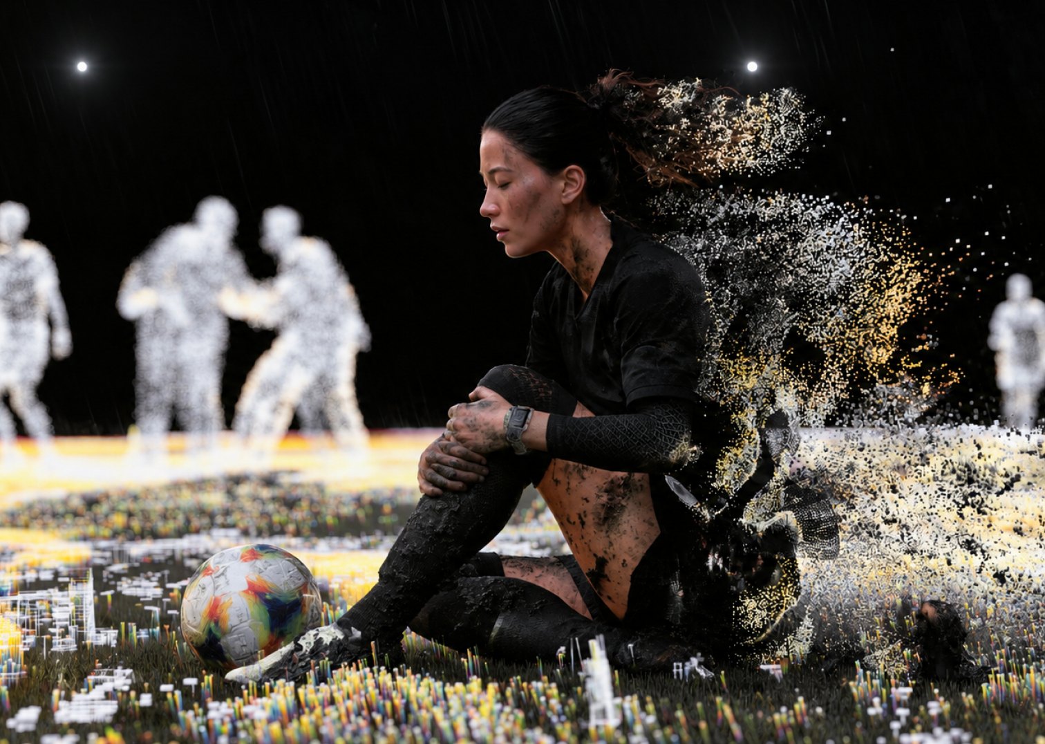 Female footballer sitting on the pitch holding her knee, with point-cloud players in the background