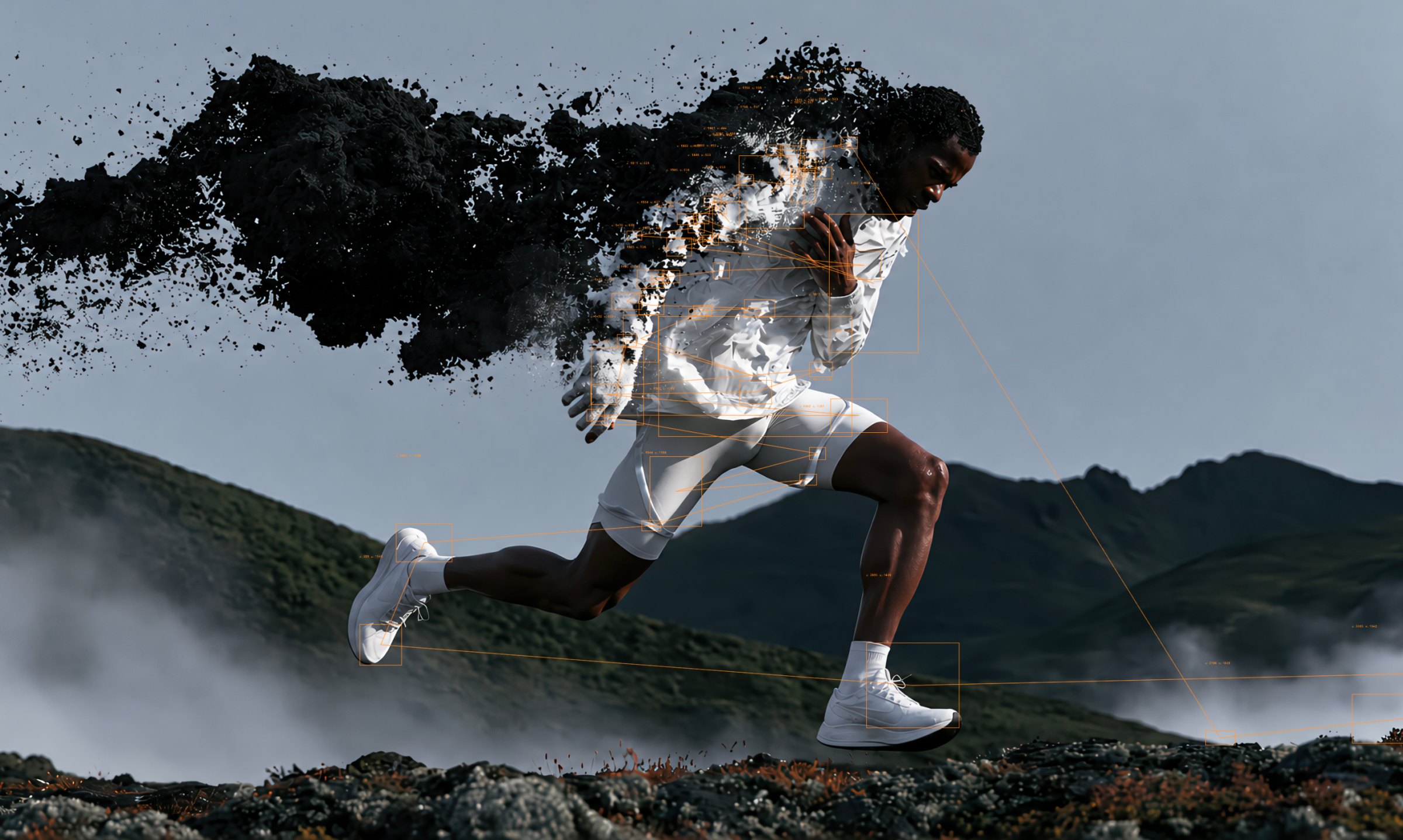 Sprinter in motion-capture markers dissolving into dark particles on a misty mountain ridge