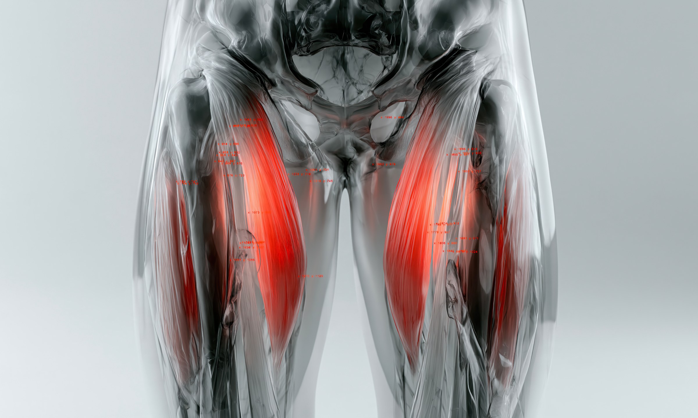 Translucent 3D render of the legs from behind with the hamstring muscles highlighted in red