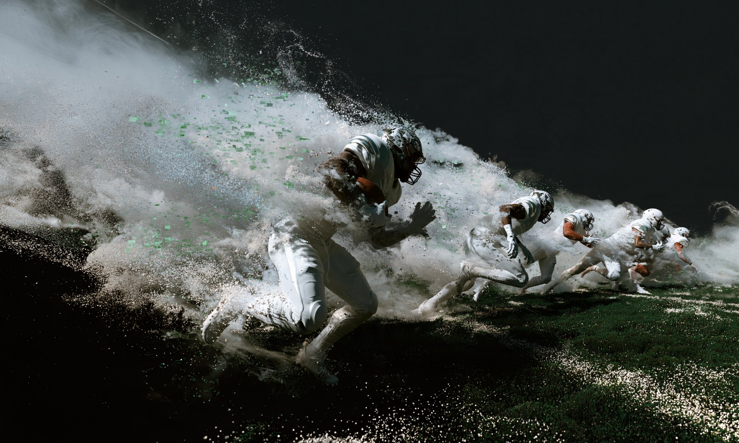 American football players colliding on a dark pitch in a cloud of dust and spray