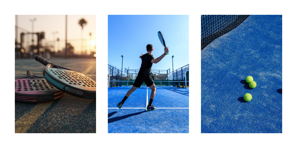Padel rackets, gameplay and balls on court in Lombok and La Réunion