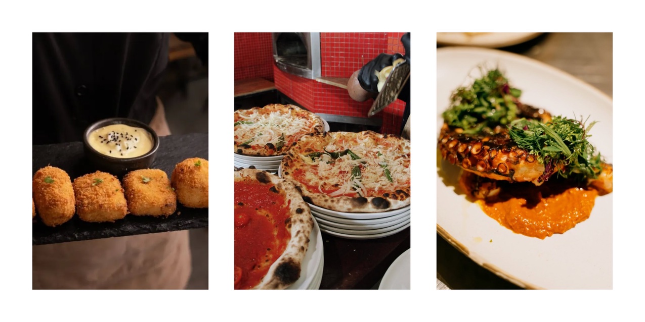 Dinner dishes from restaurants in Kuta Lombok including pizza and seafood