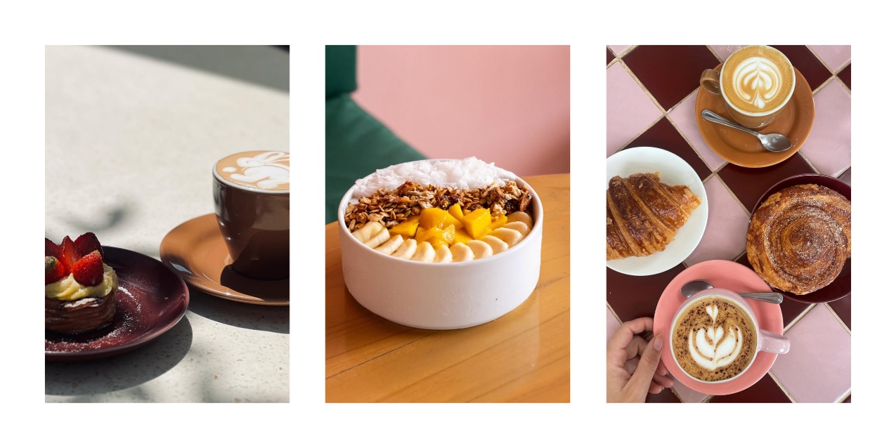Breakfast dishes including coffee and pastries at cafes in Kuta Lombok