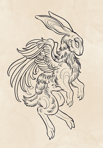 Fine line tattoo flash design of a leaping hare with feathered wings