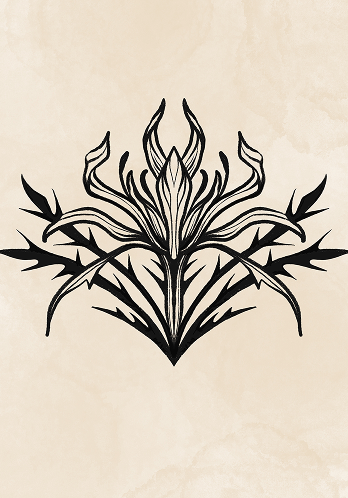 Ornamental blackwork tattoo flash design of a thistle flower with sharp, thorned leaves
