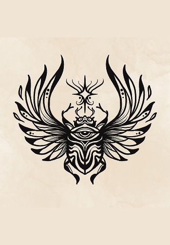 Bold blackwork tattoo flash design of a winged scarab beetle with an eye on its back and a star above