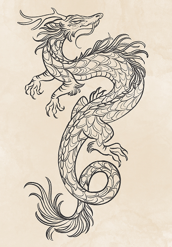 Blackwork tattoo flash design of a horned dragon with a scaled, coiling body and flowing tail