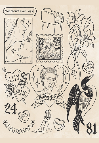 Tattoo flash sheet of small line designs, including hearts, a loon, lilies with a rosary, a couple in a postage stamp, and lettering