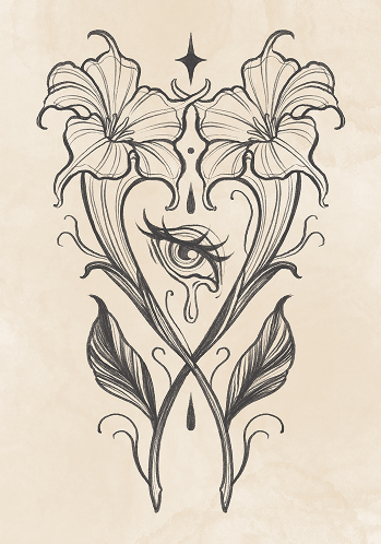 Blackwork tattoo flash design of two trumpet lilies forming a heart around a weeping eye, with leaves and a four-point star