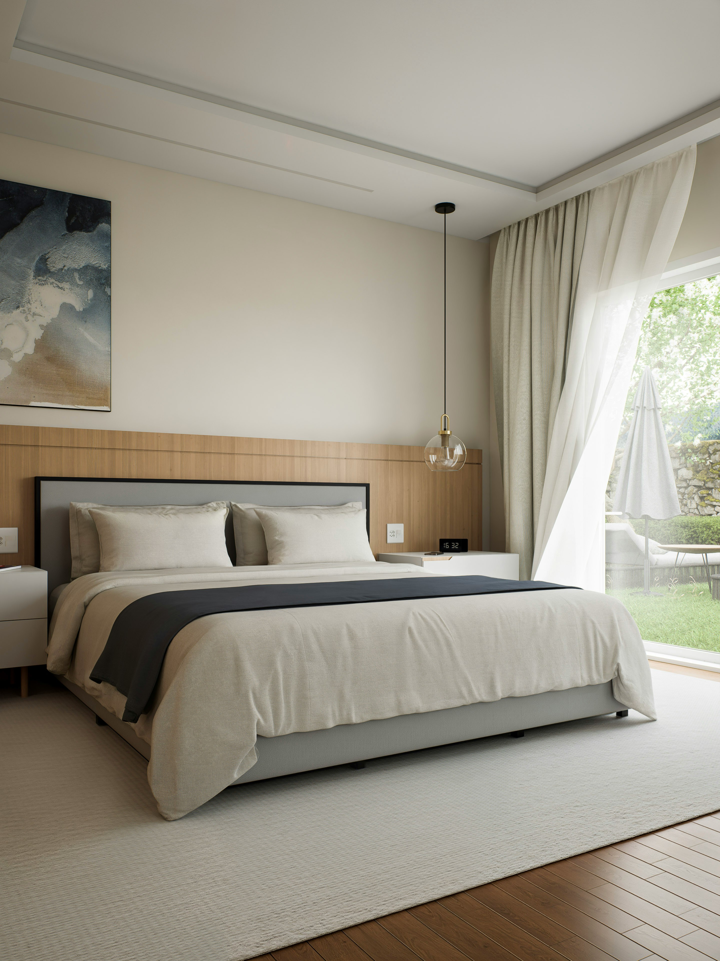 A calm bedroom interior with layered bedding