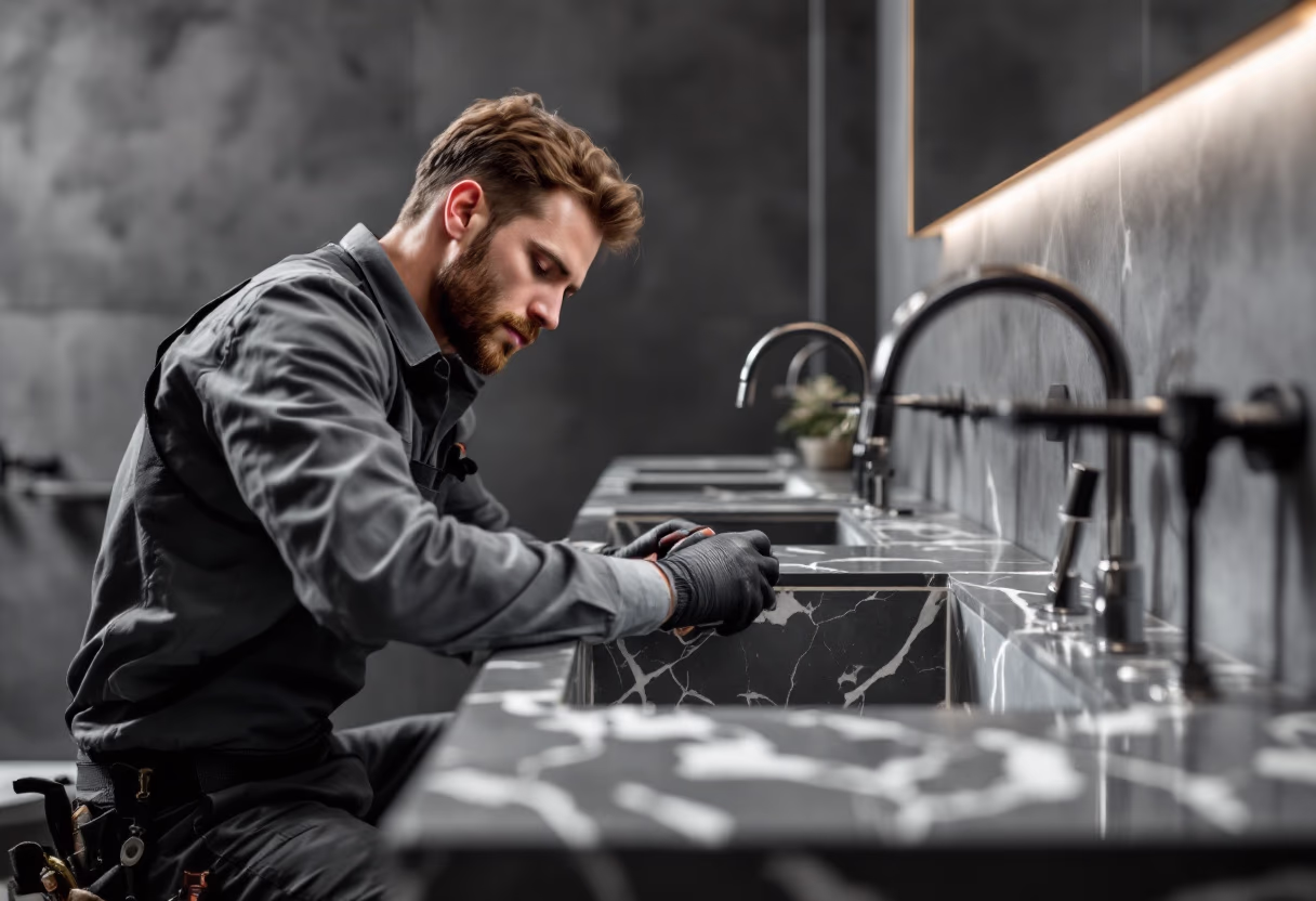 A technician in work gloves cleaning along a black and white marble vanity counter with inset basins