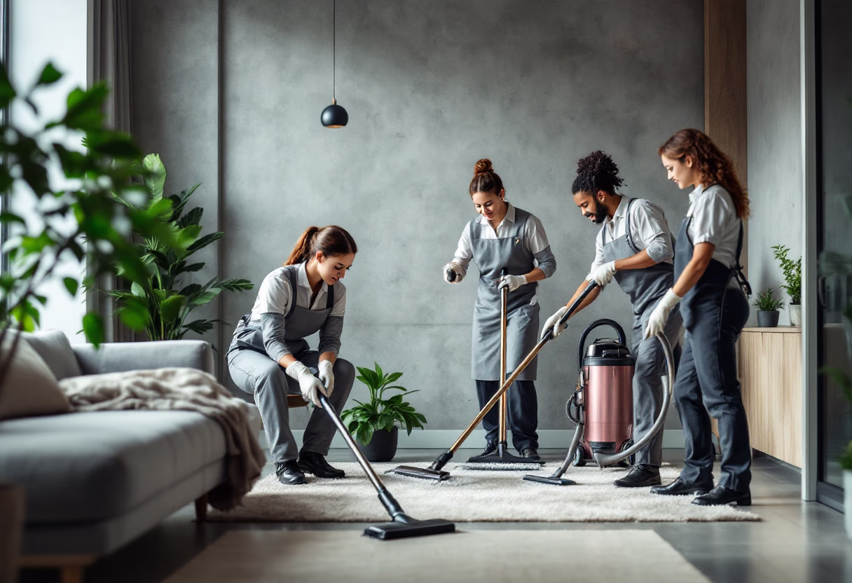 A four-person crew in matching uniforms cleaning a living room with vacuums and floor tools
