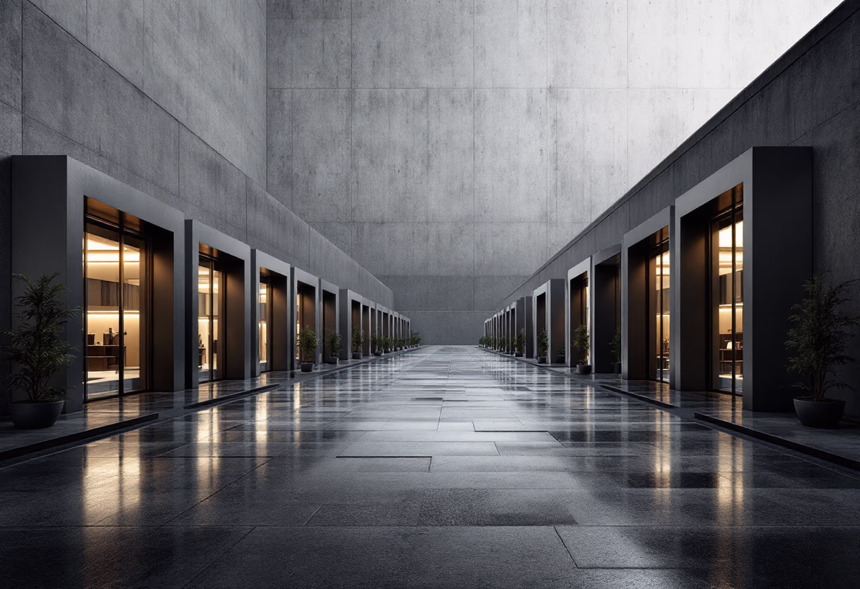 A covered commercial walkway with polished stone flooring reflecting the lit shopfronts along both sides