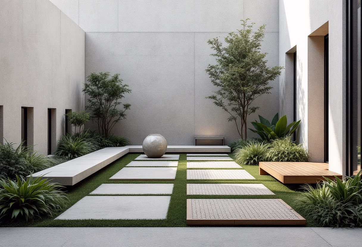 A minimalist courtyard with square concrete pavers set into lawn, a stone sphere and a low timber bench