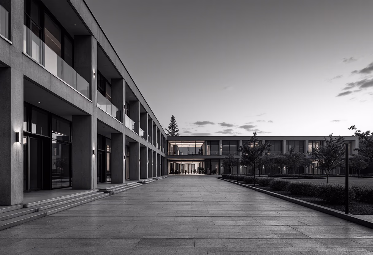 A low-rise commercial building at dusk with a wide paved stone plaza running the length of its frontage
