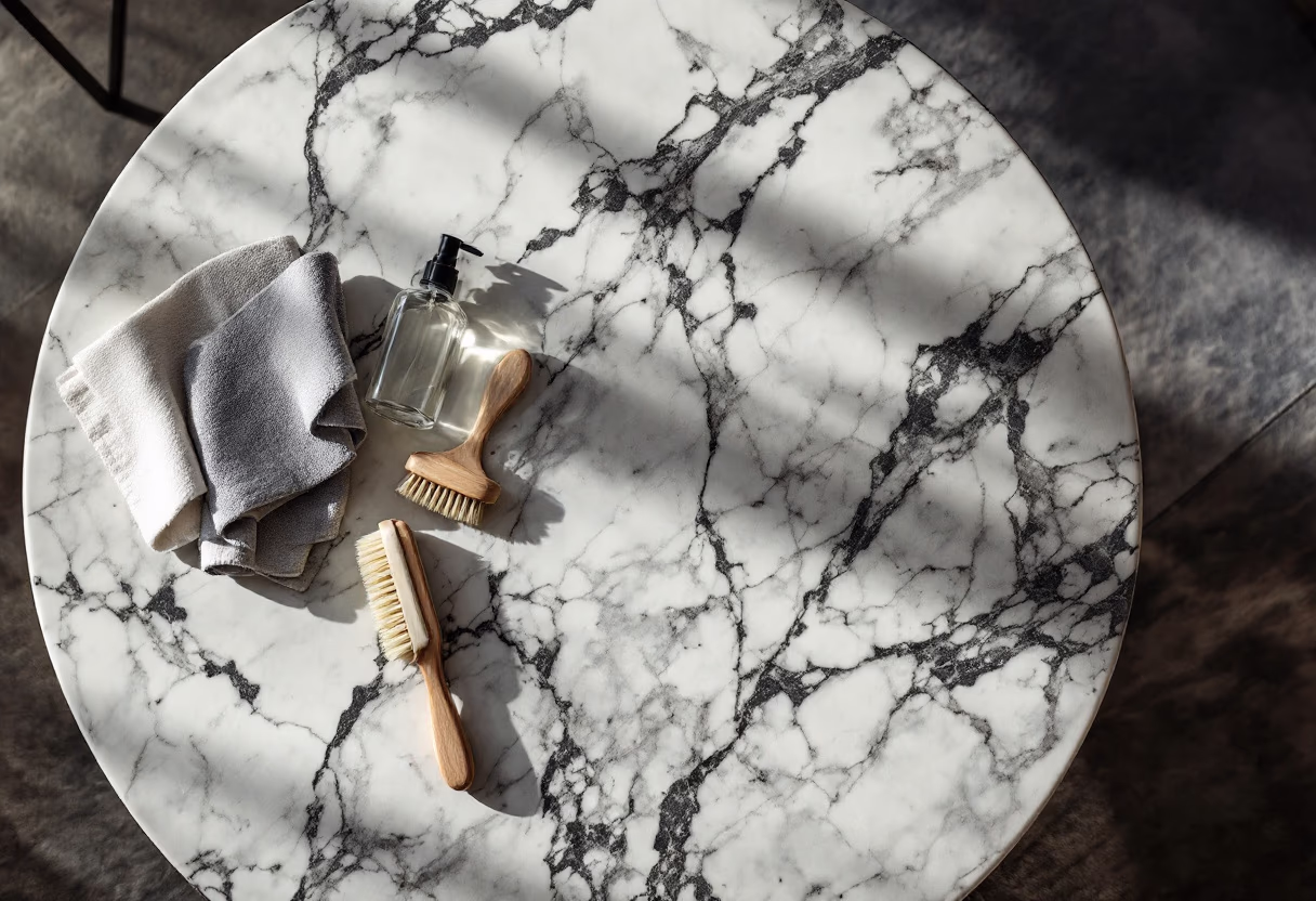 A round marble tabletop with soft-bristle brushes, folded cloths and a pump bottle of cleaner laid out for gentle stone care