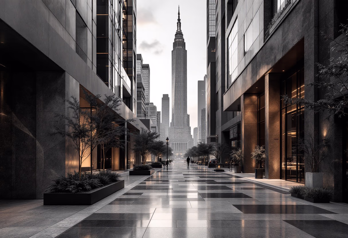 A city street at dawn with a wide stone-paved walkway running between tall buildings