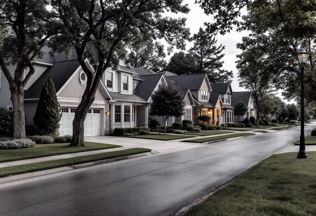 A quiet suburban street of detached houses with concrete driveways and front walkways, lit at dusk