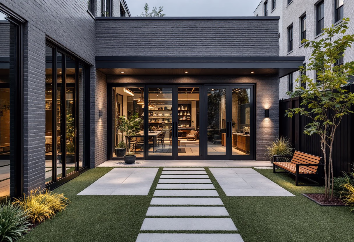 A modern courtyard entrance with large pale paving slabs set into strips of lawn, leading to full-height glazed doors