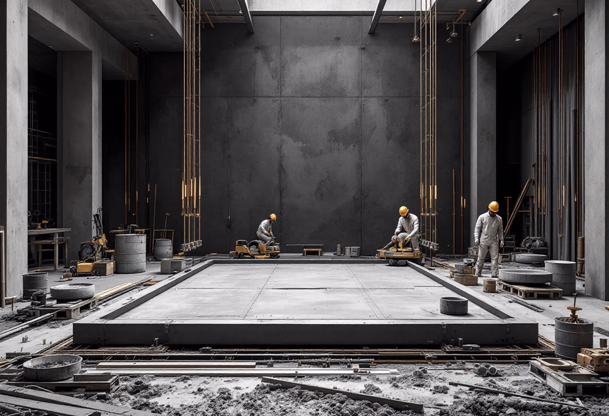Workers power-trowelling a freshly poured concrete slab inside a bare concrete structure