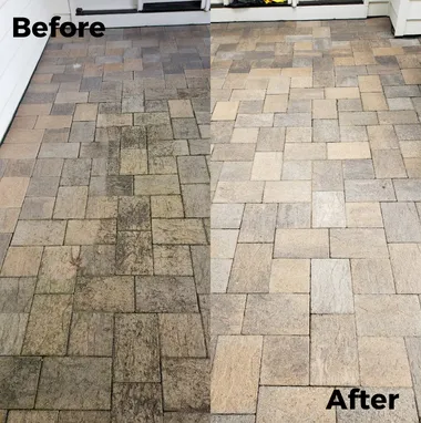 Before and after: stone paver walkway with heavy moss and staining, restored to clean, even paving