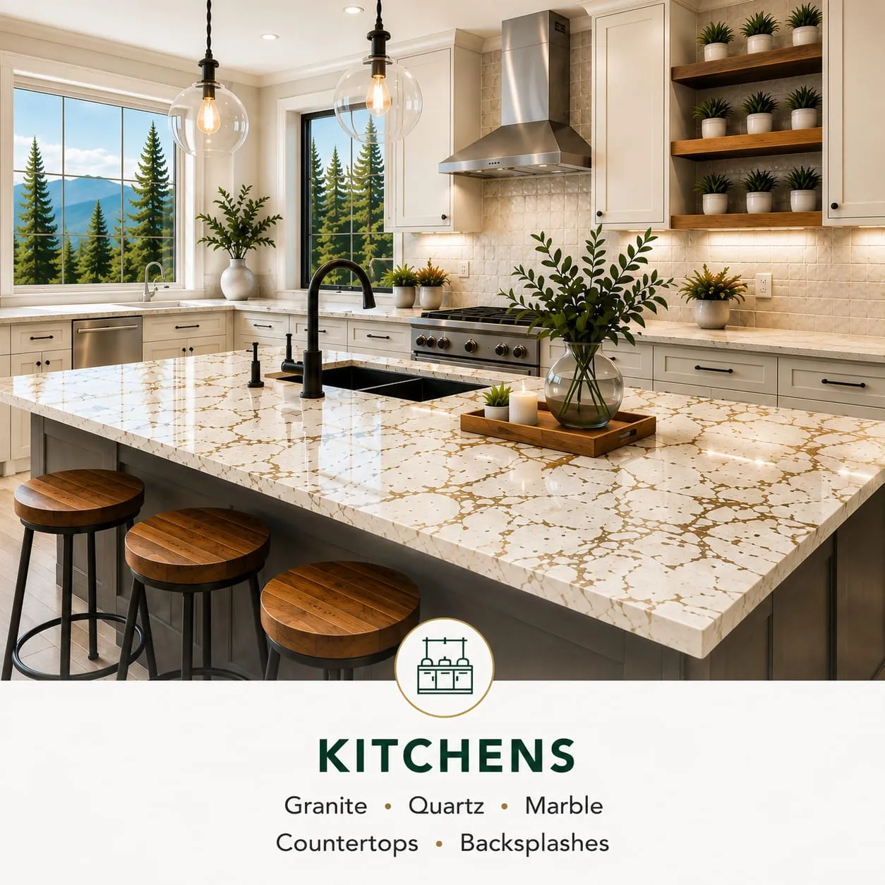 Kitchens service card: a kitchen island topped with veined stone under pendant lights, labelled granite, quartz, marble, countertops and backsplashes