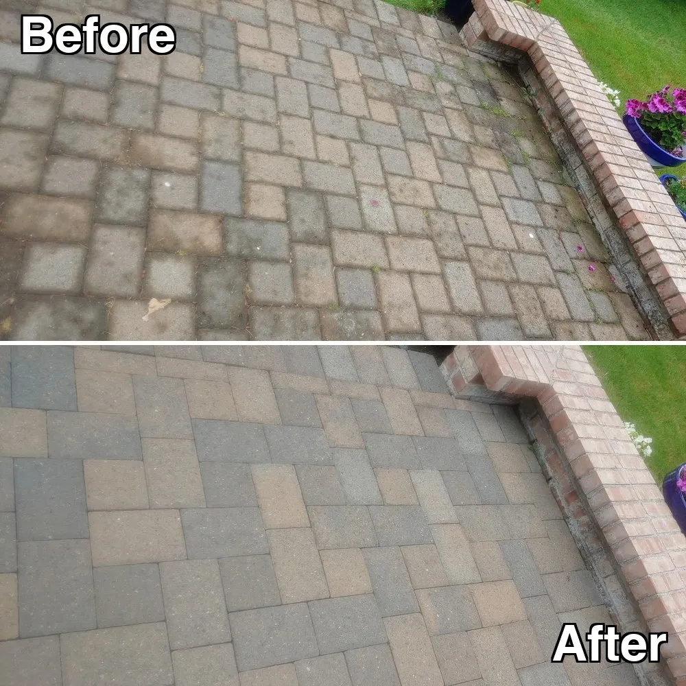 Before and after: a paver patio beside a brick planter wall, dulled by moss and soiling, cleaned back to bright tan and grey stone