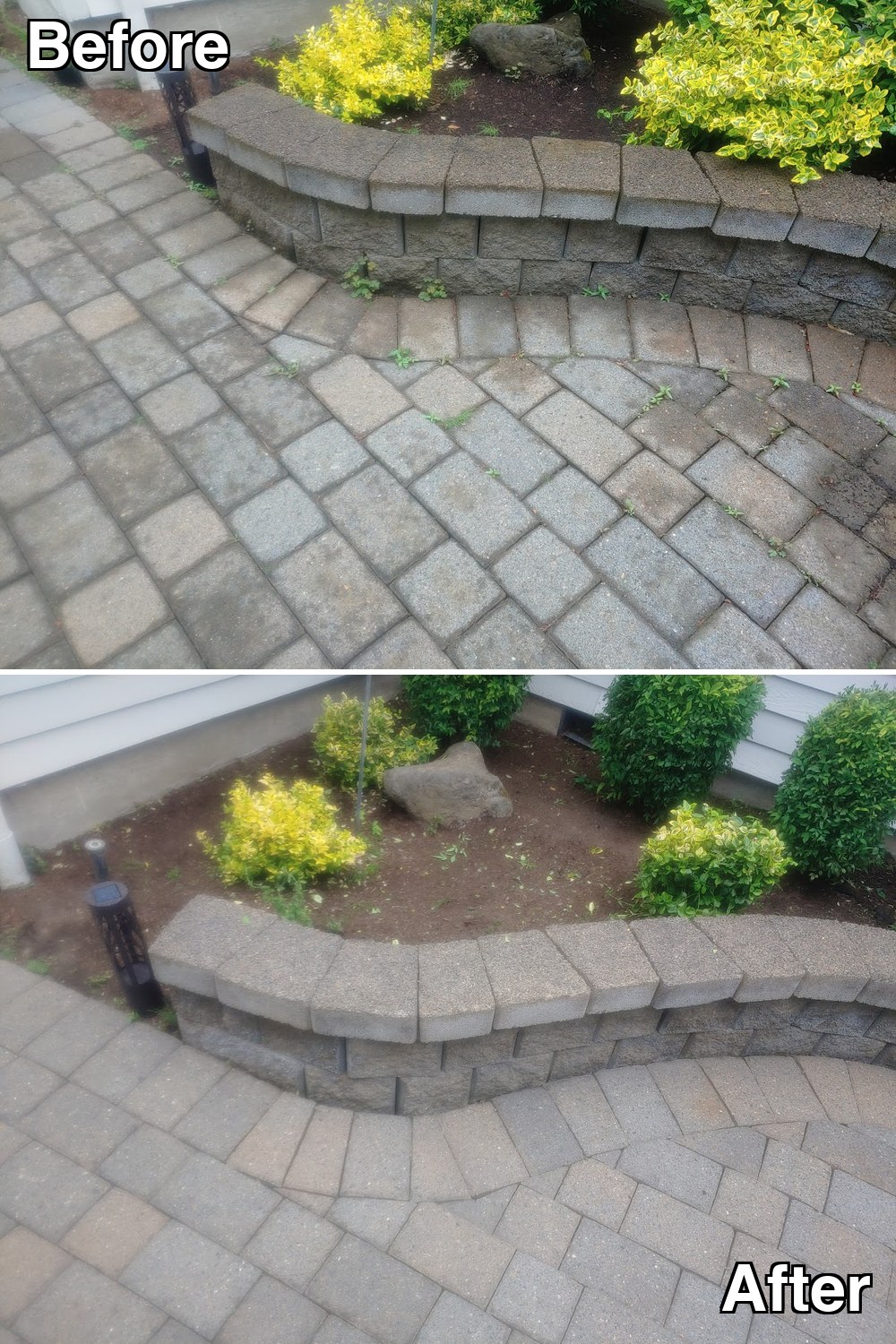 Before and after: a paver walkway beside a stacked block retaining wall, blackened with algae and weeds in the joints, cleaned back to warm tan stone