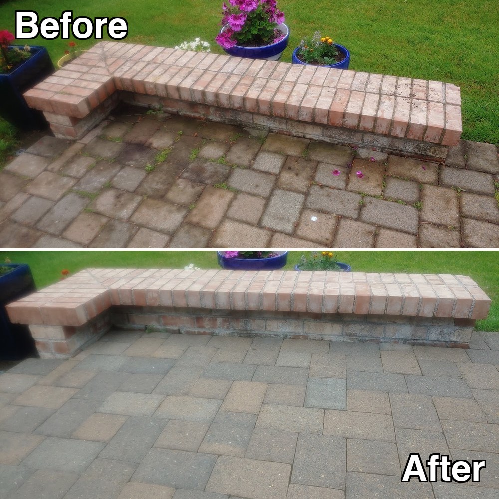 Before and after: a paver patio beside a brick bench, moss and soiling across the joints, cleaned to even grey and tan pavers